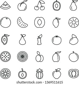 thin line vector icon set - apple vector, pear, cherry, ripe peach, red, mango, half of, loquat, delicious plum, tangerine, slice, yellow lemon, juicy, passion fruit, orange, pineapple, grapefruit