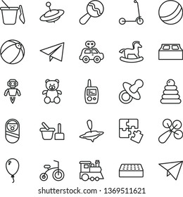 thin line vector icon set - paper airplane vector, dummy, beanbag, baby rattle, bath ball, stacking rings, motor vehicle present, roly poly doll, toy mobile phone, sand set, children's, teddy bear