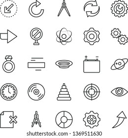 thin line vector icon set - prohibition vector, clock face, right direction, renewal, minus, clockwise, stacking toy, cogwheel, gear, left bottom arrow, eye, CD, delete page, plate, accumulator, aim