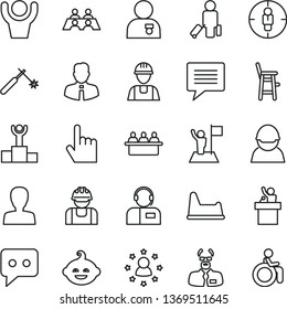 thin line vector icon set - image of thought vector, woman, potty chair, a for feeding child, funny hairdo, builder, employee, index finger, operator, racer, welding, court hearing, goal, think