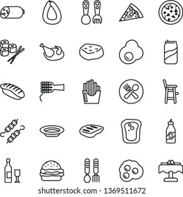 thin line vector icon set - a chair for feeding child vector, plastic fork spoons, iron, sausage, stick of, pizza, piece, burger, noodles, plate, chicken, chop, meat on skewers, fried potato slices