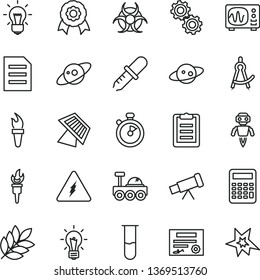 thin line vector icon set - file vector, test tube, telescope, electricity, bulb, gears, biohazard, pipette, oscilloscope, clipboard, calculator, drawing compass, medal, robot, sun panel, saturn