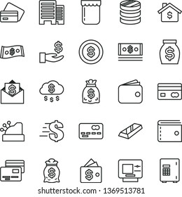 thin line vector icon set - purse vector, dollar, buildings, cards, jam, reverse side of a bank card, front the, column coins, get wage, wallet, money, dollars, cash, cashbox, gold bar, rain, coin