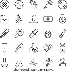 thin line vector icon set - mark of injury vector, spectacles, mercury thermometer, bag a paramedic, arm saw, estimate, temperature, cardiogram, round flask, outdoor, test tube, dna, brain, pipette