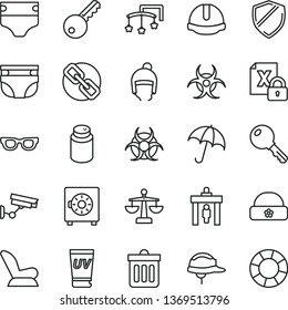 thin line vector icon set - spectacles vector, scales, toys over the cot, diaper, nappy, powder, car child seat, winter hat, warm, construction helmet, dust bin, key, umbrella, strongbox, encrypting