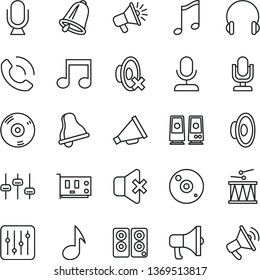 thin line vector icon set - bell vector, desktop microphone, horn, loudspeaker, silent mode, drumroll, headphones, music, regulator, no sound, phone call, megaphone, pc card, cd, speaker, note
