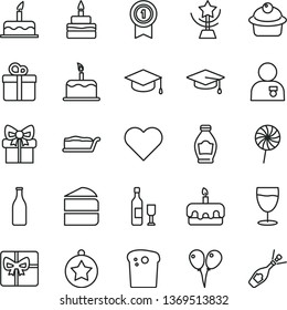 thin line vector icon set - colored air balloons vector, cake, heart, gift, square academic hat, Easter, muffin, piece of, slice, torte, birthday, lollipop, glass, bottle, giftbox, star cup, pennant