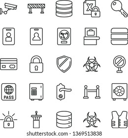 thin line vector icon set - prohibition vector, door knob, road fence, lock, key, passport, big data, strongbox, reverse side of a bank card, encrypting, biohazard, airport tower, rope barrier, safe