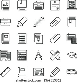 thin line vector icon set - clip vector, briefcase, graphite pencil, yardstick, book, new abacus, e, portfolio, buildings, writing accessories, calculation, scribed compasses, text highlighter, bus