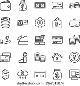 thin line vector icon set - bank card vector, cards, coins, reverse side of a, front the, column, denomination dollar, catch coin, wallet, purse, money, dollars, cash machine, cashbox, rain, gear