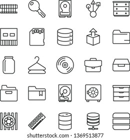 thin line vector icon set - folder vector, bookmark, storage unit, chest of drawers, key, CD, big data, server, suitcase, drawer, strongbox, hanger, unpacking, barrel, jar, radiator fan, memory, hdd