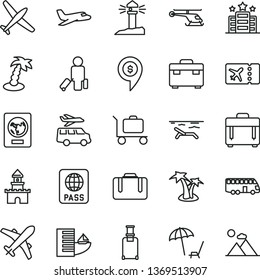 thin line vector icon set - suitcase vector, case, passport, coastal lighthouse, sand castle, helicopter, dollar pin, plane, bus, passenger, rolling, ticket, hotel, beach, arnchair under umbrella