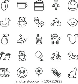 thin line vector icon set - baby powder vector, bib, Child T shirt, rubber duck, duckling, warm socks, toy mobile phone, children's potty, teddy bear, small, hairdo, train, yule, bicycle, tricycle