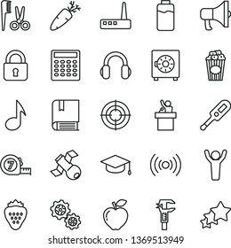 thin line vector icon set - electronic thermometer vector e, accessories for a hairstyle, long meashuring tape, lock, strongbox, megaphone, square academic hat, carrot, cup of popcorn, strawberry
