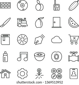 thin line vector icon set - tassel vector, house, book, feeding bottle, toy phone, children's train, brickwork, ntrance door, crossed cart, math actions, cucumber, apple, orange slice, half apricot