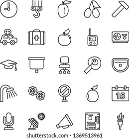 thin line vector icon set - desktop microphone vector, prohibition, horn, medical bag, motor vehicle present, toy phone, winch hook, gears, sink, shower, hammer, wall clock, calendar, apricot, guava