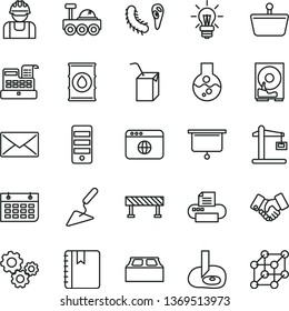 thin line vector icon set - packing of juice with a straw vector, building trowel, block, road fence, notebook, oil, builder, Construction crane, shopping basket, gears, handclasp, light bulb, hdd