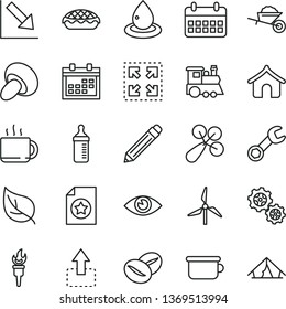 thin line vector icon set - calendar vector, graphite pencil, negative chart, measuring bottle for feeding, baby rattle, children's potty, train, garden trolley, eye, size, move up, porcini, leaf