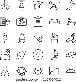 thin line vector icon set - plastic brush vector, flask, telescope, molecule, satellite, clipboard, growth graph, 3d cube, ink pen, resistor, flame torch, electricity, hang glider, escalator, hotel