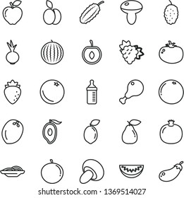 thin line vector icon set - measuring bottle for feeding vector, slices of onion, mushroom, porcini, chicken leg, tomato, beet, apple, orange, pomegranate, branch grape, pear, red, raspberry, slice
