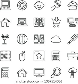 thin line vector icon set - laptop vector, briefcase, beanbag, electronic thermometer e, children's hairdo, house, home, earth, screen, put in cart, muffin, cocktail, processor, calculator, computer