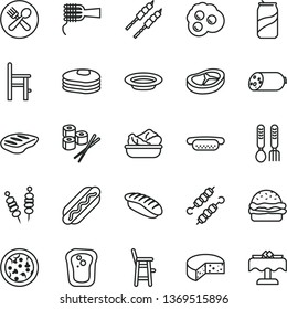 thin line vector icon set - a chair for feeding vector, child, iron fork spoons, sausage, cheese, fried vegetables on sticks, pizza, Hot Dog, mini, burger, noodles, lettuce in plate, bacon, chop