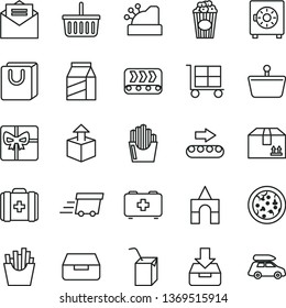 thin line vector icon set - cargo trolley vector, grocery basket, bag of a paramedic, medical, packing juice with straw, box bricks, received letter, put in, drawer, strongbox, handles, cardboard