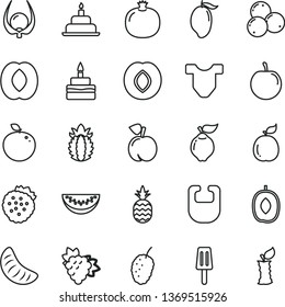 thin line vector icon set - bib vector, Child T shirt, birthday cake, popsicle, strawberries, a pineapple, peach, pomegranate, branch of grape, quince, plum, blueberries, tasty mulberry, mango, half