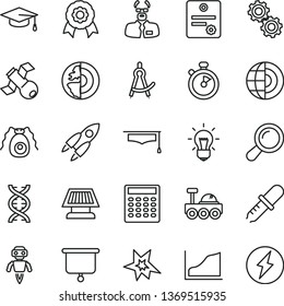 thin line vector icon set - zoom vector, dna, bulb, gears, satellite, bactery, pipette, scientist, graduate hat, calculator, drawing compass, growth graph, earth core, medal, robot, sun panel, bang