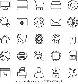 thin line vector icon set - zoom out vector, house, magnifier, screen, drawer, cart, planet, satellite dish, SIM card, woman, globe, dollar, radiator fan, mouse, cpu, printer, network, browser, mail