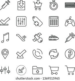 thin line vector icon set - renewal vector, add label, download archive data, upload folder, question, left bottom arrow, music, regulator, put in cart, phone call, location, keyboard, joystick