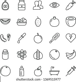thin line vector icon set - women vector, feeding bottle, powder, electronic thermometer e, bath, broken heart, eye, lettuce in a plate, carrot, jar of jam, orange, pomegranate, apricot, mulberry