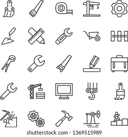 thin line vector icon set - repair key vector, monitor window, crane, tower, winch hook, cogwheel, building trolley, trowel, adjustable wrench, hand saw, arm, measuring tape, plastic brush, drawing