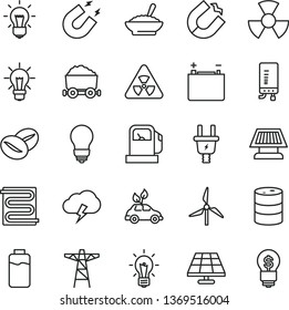 thin line vector icon set - bulb vector, heating coil, electronic boiler, storm cloud, a bowl of buckwheat porridge, coffee beans, charge level, solar panel, gas station, windmill, barrel, radiation