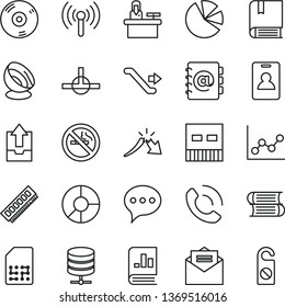 thin line vector icon set - graph vector, upload archive data, e, books, received letter, speech, big server, address book, phone call, SIM, a crisis, ring diagram, pie charts, on statistics, memory