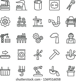 thin line vector icon set - tower crane vector, winch hook, concrete mixer, adjustable wrench, sewerage, power socket type f, hammer, sea port, wind energy, manufacture, factory, oil, battery, gear