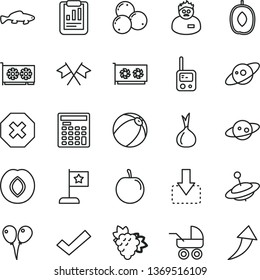 thin line vector icon set - mark of injury vector, check, baby carriage, bath ball, toy phone, yule, colored air balloons, move down, small fish, branch grape, plum, blueberries, delicious, tasty