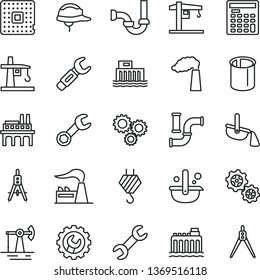 thin line vector icon set - crane vector, hook, sewerage, helmet, gear, working oil derrick, water pipes, manufacture, factory, hydroelectric station, hydroelectricity, industrial enterprise, gears