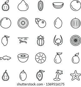 thin line vector icon set - small fish vector, blueberries, orange, fig, water melon, mango, half of, sweet date fruit, lime, kiwi, tamarillo, guava, guawa, piece coconut, ripe pineapple, slice
