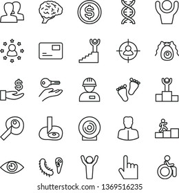thin line vector icon set - women vector, footprints, workman, index finger, eye, pass card, lens, woman, man in sight, dollar, get a wage, dna, brain, bactery, artifical insimination, winner podium