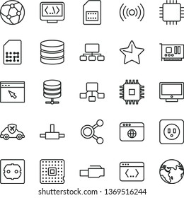 thin line vector icon set - power socket type b vector, f, star, screen, big data server, autopilot, processor, SIM card, connections, scheme, hierarchical, cpu, pc, network, browser, connect, earth
