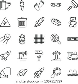 thin line vector icon set - paint roller vector, danger of electricity, zoom, camera roll, teddy bear, children's tracks, sample colour, building level, dust bin, japanese sushi, pineapple, weaving