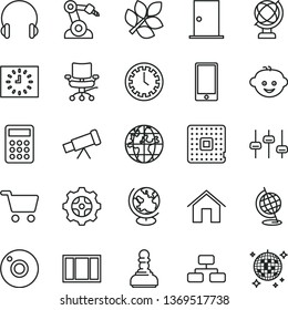 thin line vector icon set - camera vector, clock face, children's hairdo, window frame, ntrance door, home, headphones, globe, smartphone, flowchart, gear, processor, robot welder, shopping cart