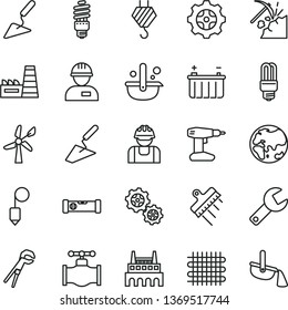 thin line vector icon set - repair key vector, workman, hook, trowel, building, adjustable wrench, drill, construction level, plummet, spatula, coal mining, wind energy, valve, planet, battery, gear