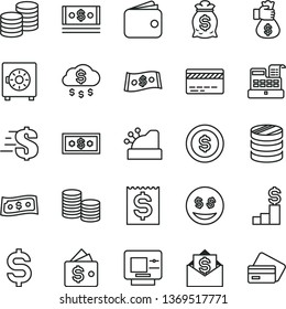 thin line vector icon set - bank card vector, dollar, strongbox, coins, column of, denomination the, financial item, wallet, cash, machine, cashbox, money bag hand, rain, coin, pedestal, eyes, mail