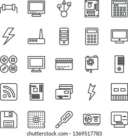thin line vector icon set - lightning vector, floppy disk, monitor, window, bank card, rss feed, electronic thermometer e, screen, cards, math actions, processor, calculator, engineer, tower, usb