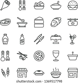 thin line vector icon set - plates and spoons vector, plastic fork, iron, fried vegetables on sticks, pizza, big burger, piece of cake, pie, a bowl rice porridge, in saucepan, lettuce plate, bacon