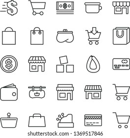 thin line vector icon set - paper bag vector, bank card, dollar, children's potty, cubes for children, cart, put in, with handles, kiosk, stick of sausage, stall, shopping basket, front the, wallet
