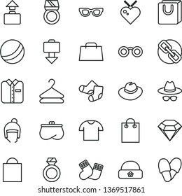 thin line vector icon set - paper bag vector, spectacles, hat, with glasses, bath ball, warm socks, Knitted, winter, handles, T shirt, folded, hanger, purse, hand, diamond, ring, gold, baggage