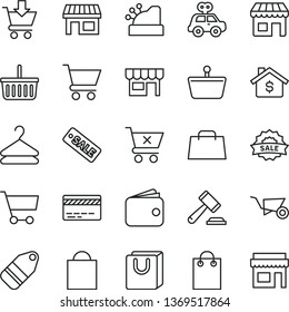 thin line vector icon set - paper bag vector, grocery basket, bank card, hammer of a judge, motor vehicle present, building trolley, cart, put in, crossed, with handles, kiosk, hanger, label, stall